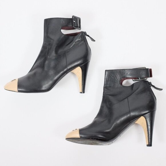 Chanel 39 US 9 ankle boots shoes CC logo beige toecap ankle strap 2007 - Picture 2 of 11